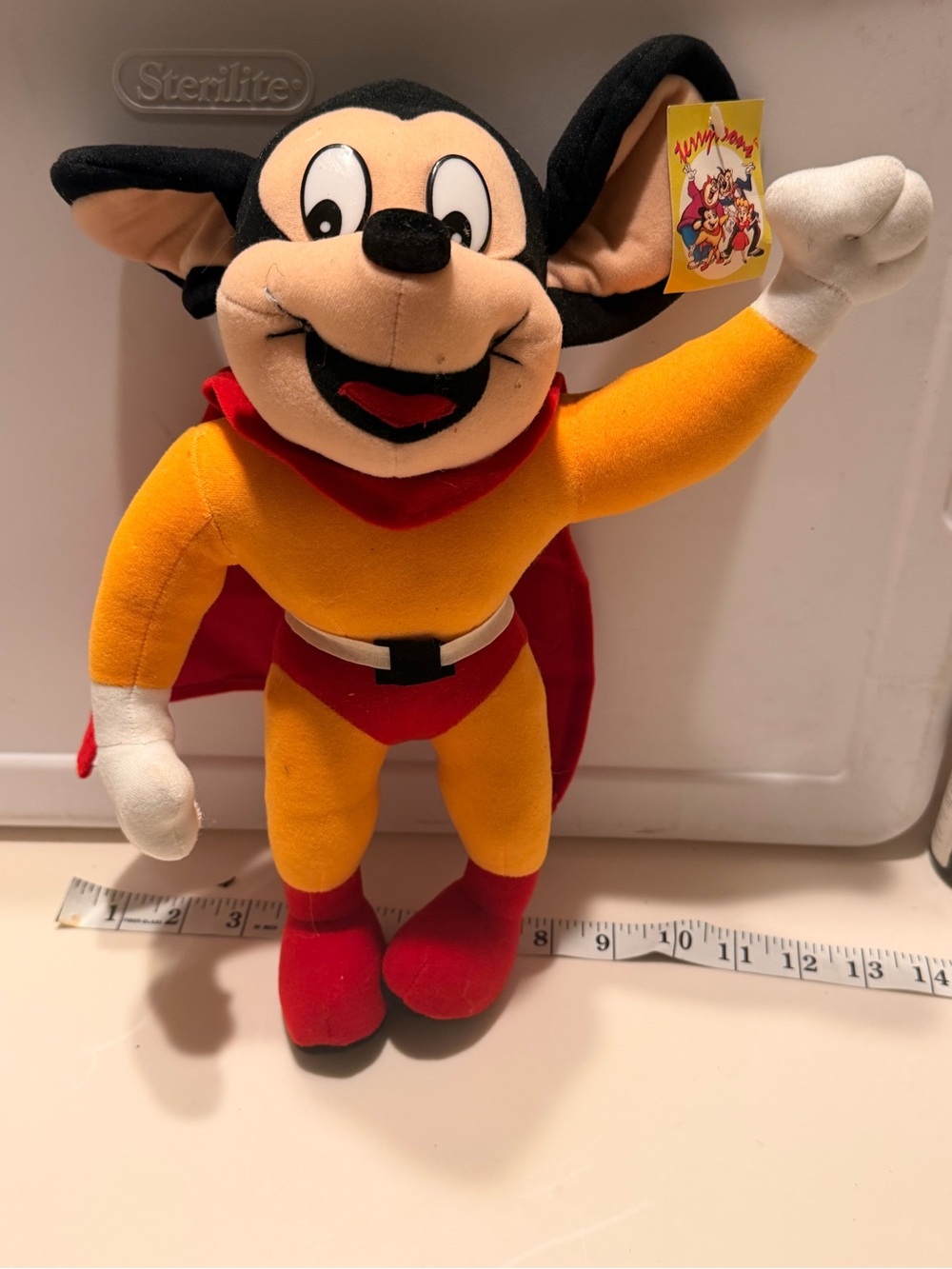 Vintage Kids Superhero Mouse Plush Toy in Yellow & Red